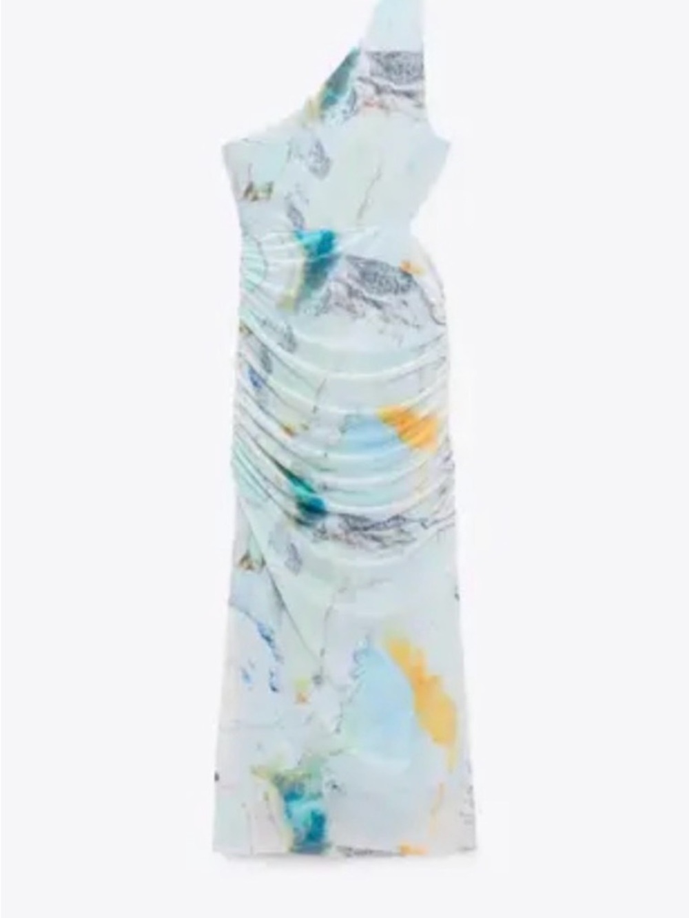 Zara One-Shoulder Aqua & Yellow Marble-Print Midi Dress